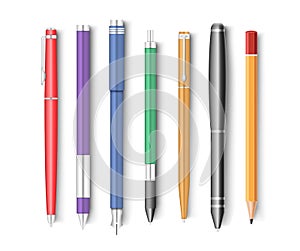 Set of pen, pencil and stylo equipment for writing in school or office. Plastic and metal pen tools photo