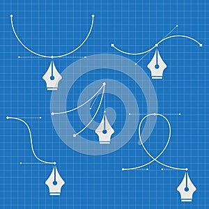 Set of Pen tool cursors and curve control points. Blueprint. Vector illustration