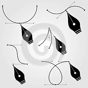 Set of Pen tool cursors and curve control points, isolated on white background.