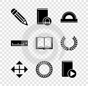 Set Pencil, Audio book, Protractor grid, Pixel arrows in four directions, Laurel wreath, Ruler and Open icon. Vector