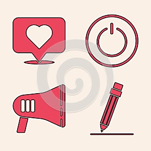 Set Pencil with eraser, Like and heart, Power button and Megaphone icon. Vector