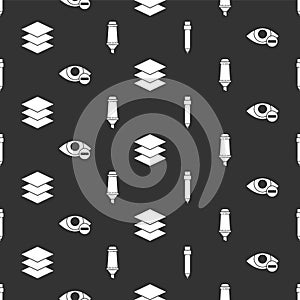 Set Pencil with eraser, Red eye effect, Layers and Marker pen on seamless pattern. Vector