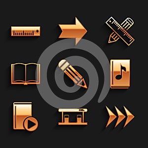 Set Pencil, Gas filling station, Arrow, Audio book, Open, Crossed ruler and pencil and Ruler icon. Vector