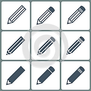 set of pencil icons grey color on white background
