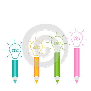 Set of pencils and shining light bulbs Business idea concept.