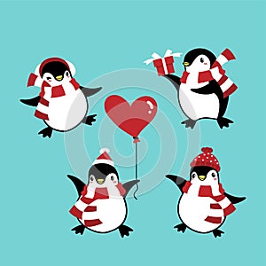 Set of penguins in winter custom for Christmas holiday season.