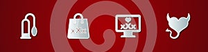 Set Penis pump, Shopping bag with triple X, Monitor 18 plus content and Devil heart horns icon. Vector