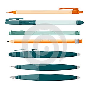 Set of pens, automatic and regular pencils, calligraphy pen. Stationery for writing and drawing. School supplies. Color vector