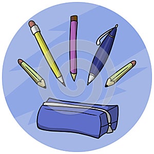 Set of pens and pencils with a blue pencil case, vector illustration in cartoon