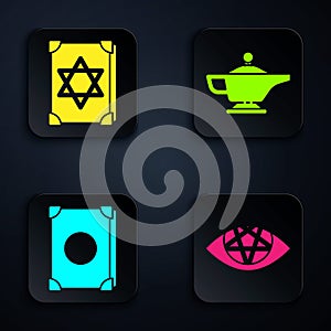 Set Pentagram, Ancient magic book, Ancient magic book and Magic lamp or Aladdin. Black square button. Vector