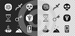 Set Pentagram in a circle, Dagger, Skull, Poison bottle, Magic powder, Tarot cards, Medieval goblet and Old key icon