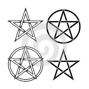 Set of pentagram or pentalpha or pentangle. Hand drawn dot work ancient pagan symbol of five-pointed star isolated vector illustra