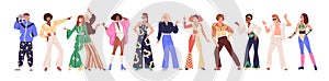 Set of people from 80s. Man and woman dance disco in retro-styled fashion outfits of 1980s. Stylish characters in party