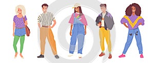 Set of people from 90s, young man and woman wearing retro-styled fashion outfits standing on white