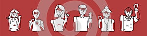 Set of people with anger. Angry boy and girl, man and woman, grandfather and grandmother. Threaten with a fist. Red and white