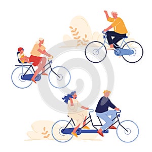 Set of People Biking Sport and Leisure Activity Set. Man and Woman Riding Tandem Bicycle, Cyclist Riding Bike