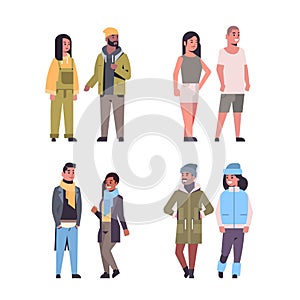 Set people in casual clothes standing pose mix race guys and girls pairs wearing seasonal clothes flat full length