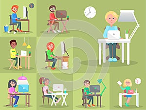 Set of People at Computer in Office Cartoon Style