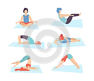 Set of people doing yoga. Men and women practicing meditation and stretching flat vector illustration