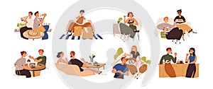 Set of people eating food at home, cafe and outdoors. Men and women relaxing and enjoying delivered meals, fastfood