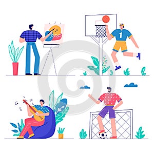 Set of people enjoying their hobbies, work, leisure. Men playing football, basketball, learning gitar, drawing. Designer and