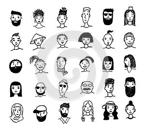 Set of people faces hand drawn in doodle style. Black lines and silhuette. Social network concept.