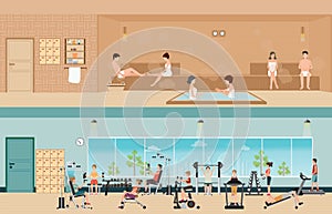 Set of people in fitness gym interior with equipment and sauna i