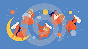 Set of people flying in space vector flat illustration. Collection of wom n holding planet with dream universe. Concept