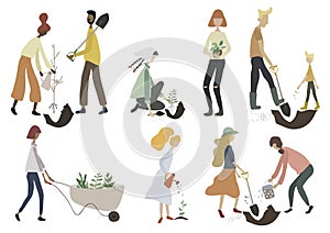 Set of people gardening. Young adult men, women, kids working in garden. Flat cartoon vector illustration