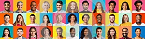 Set Of People Headshots Over Bright Colorful Backgrounds, Collage, Panorama