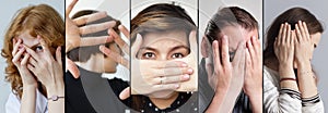 Set of people that are hiding their face with fingers.