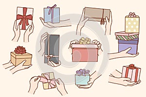 Set of people hold gift boxes congratulate with birthday