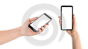 Set with people holding smartphones on white background, closeup of hands