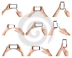 Set with people holding smartphones on white background, closeup of hands.