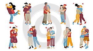 Set of people hug, love, homosexual couple embrace