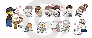 Set of people hugging cats on white background vector illustration