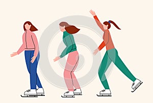 Set of people ice skating. Women wearing skates. Flat vector illustration