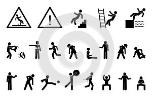 Set people icon, action pictogram black, stick figure human silhouettes.