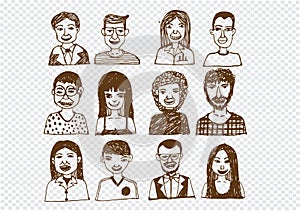 Set of people icons faces. women, men character