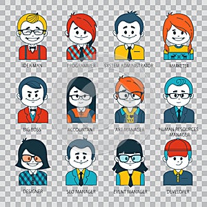 Set of people icons in flat style with faces. People avatars. Illustration on transparent background