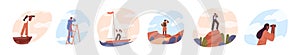 Set of people look into future vector flat illustration. Collection of man and woman stand on stairs, top of mountain