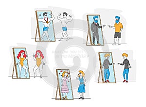 Set of People Looking at Mirror Reflection. Self-assessment and Personal Appearance Concept