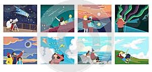 Set of people looking at sky vector illustration. Observation, inspiration and romantic. Scientist with telescope