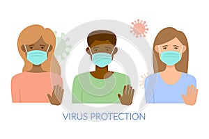 Set of people in medical masks, virus protection