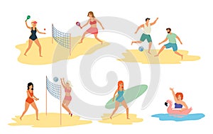 Set of people performing summer activity and leisure outdoor activities at beach, in sea or ocean - playing games