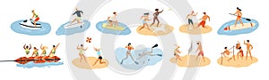 Set of people performing summer sports and leisure outdoor activities at beach, in sea or ocean - playing games, diving