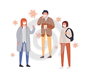 Set of people in protective mask vector flat illustration. Collection of male and female suffering from seasonal