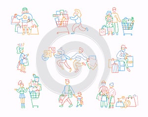 Set of people with purchases. Thin line flat design, vector illustrations in bright colours