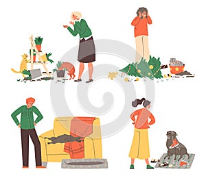 Set of people react to mess from pets flat style, vector illustration
