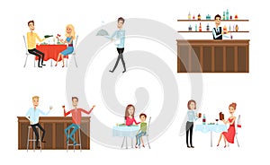 Set of people in restaurant and at the bar. Flat and cartoon style. Different background. Vector illustration.